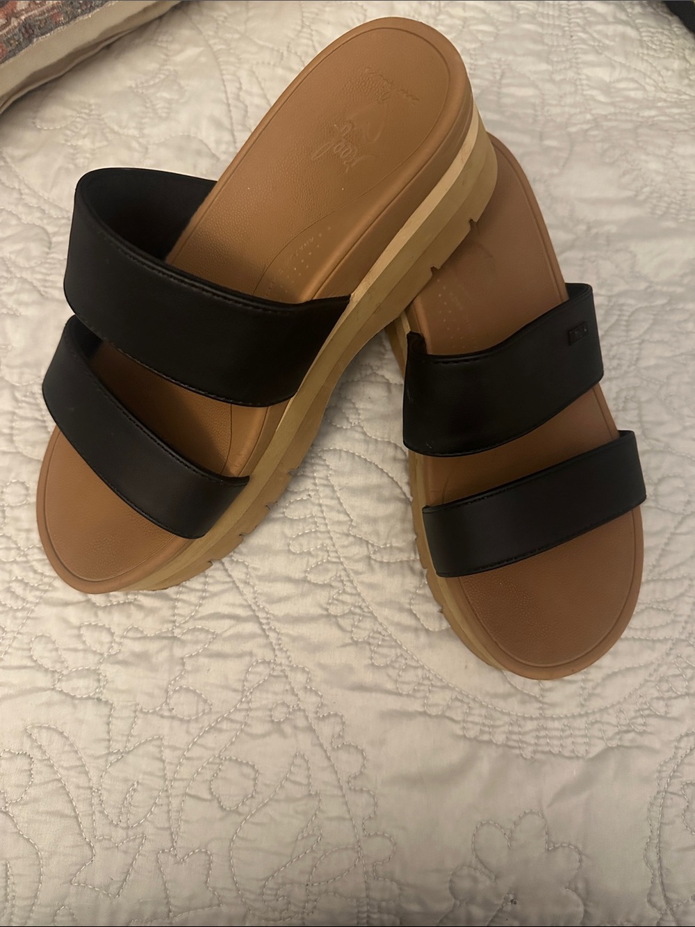 Reef Women's Black Double-Strap Slide Sandals with Tan Footbed and Platform Sole